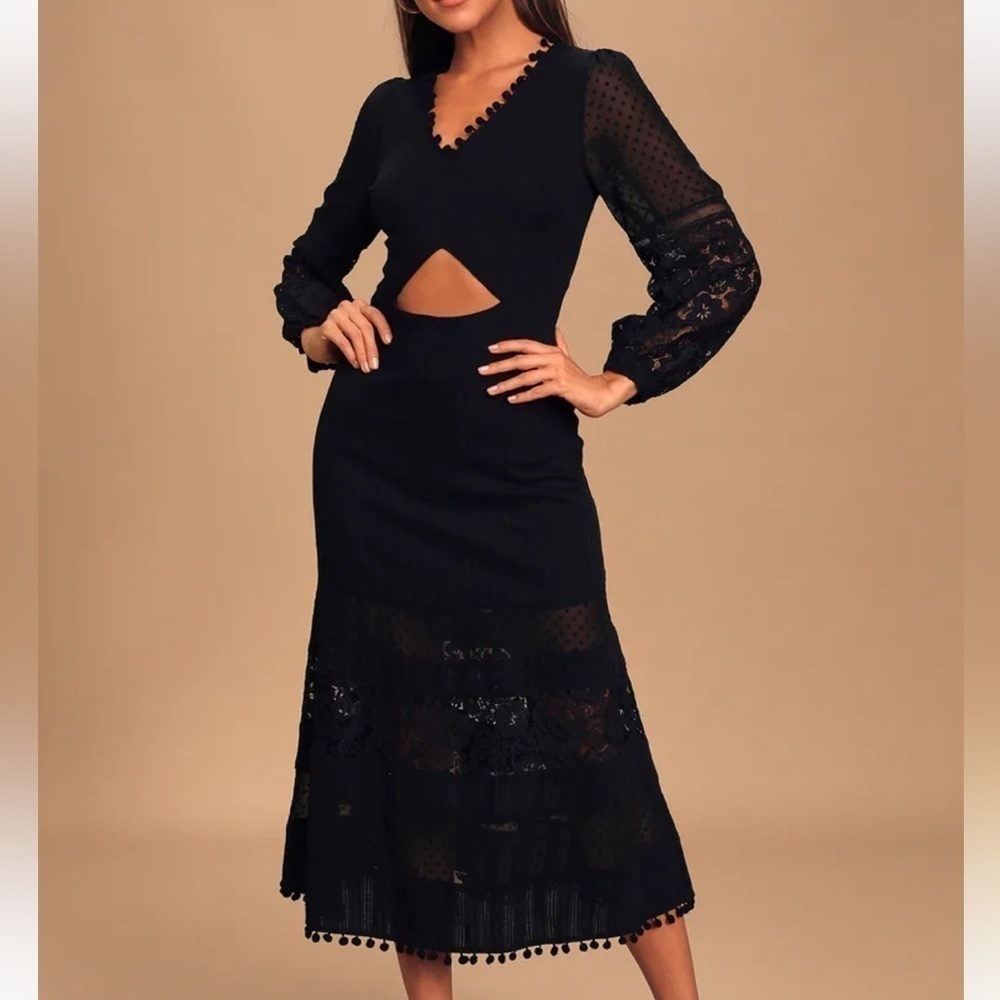 Lulu’s Black Cut Out Long Sleeve Midi Dress with Lace & Pom Pom Details